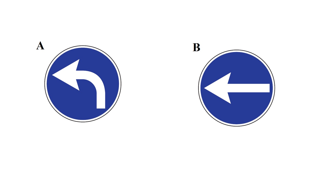 Kura no attēlotām ceļa zīmēm norāda, ka krustojumā jānogriežas pa kreisi pirms zīmes? 